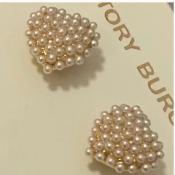 14K Tory Burch Pearl Heart Studs w Dustbag - Picture 4 of 7